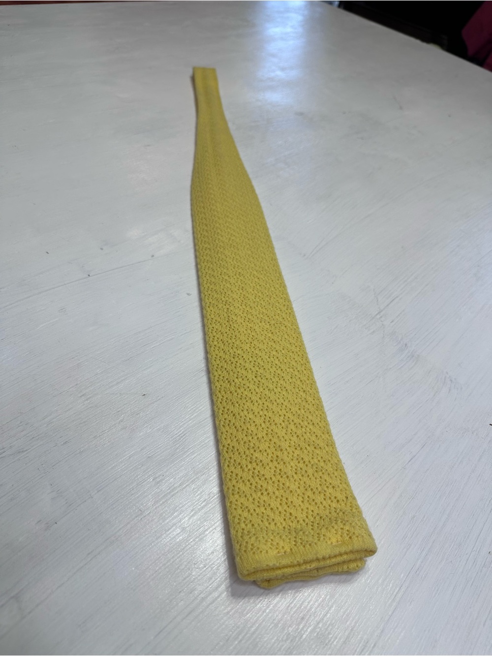 Vintage Stockpole Moore Tryon Co Yellow Crochet Knit Tie 100% Acrylic Retro - Picture 5 of 8